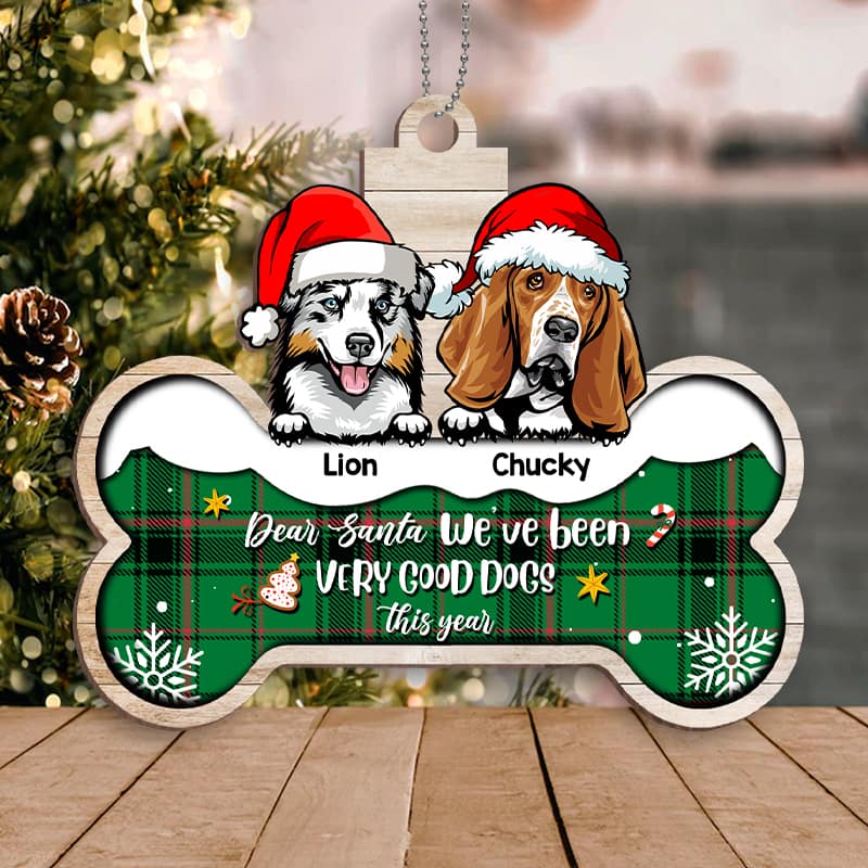 Peeking Dogs On Bone Personalized Wooden Ornament