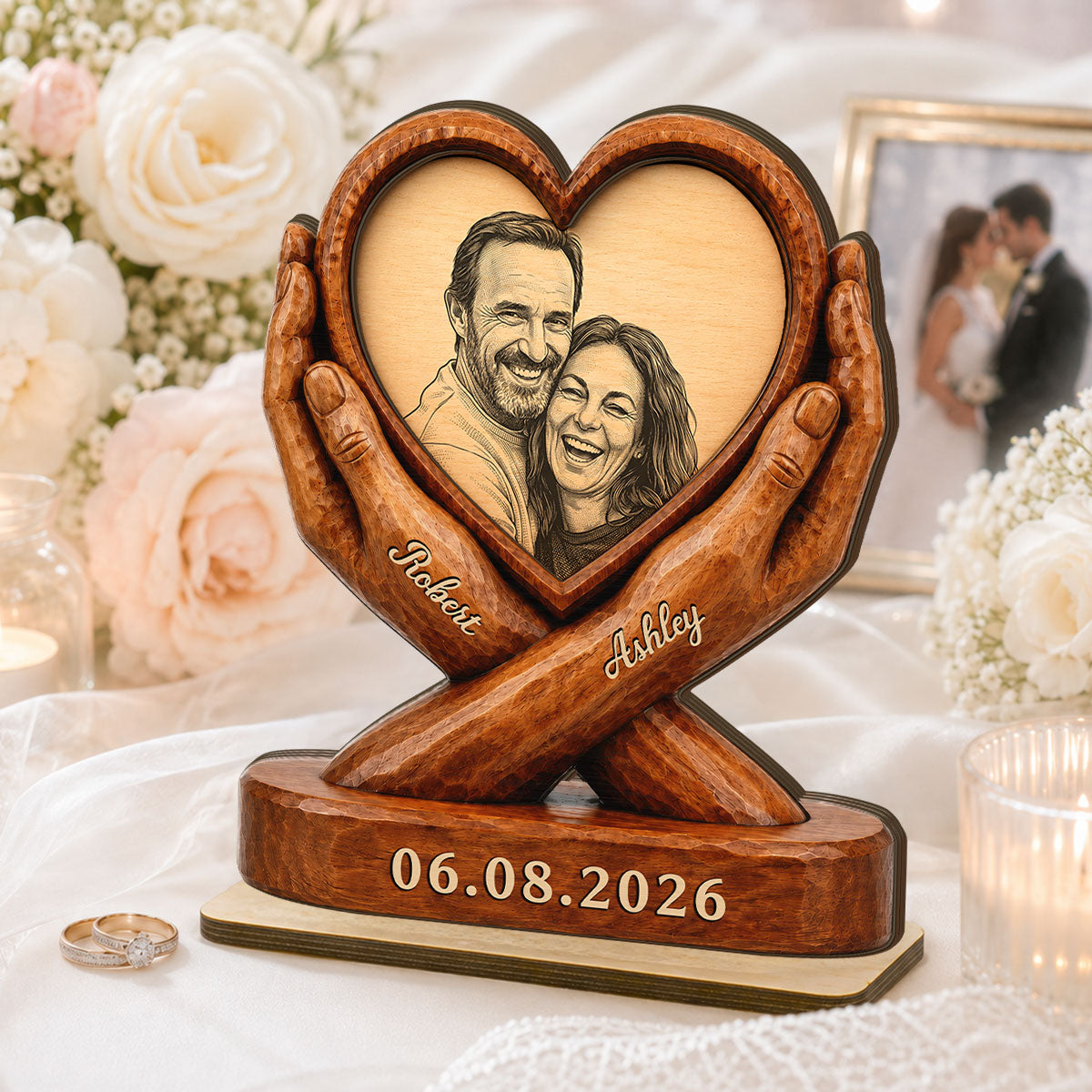 Custom Couple Photo Sketch Style Forever Love - Personalized 2-Layered Wooden Plaque - Anniversary Gift For Couple, For Him, For Her