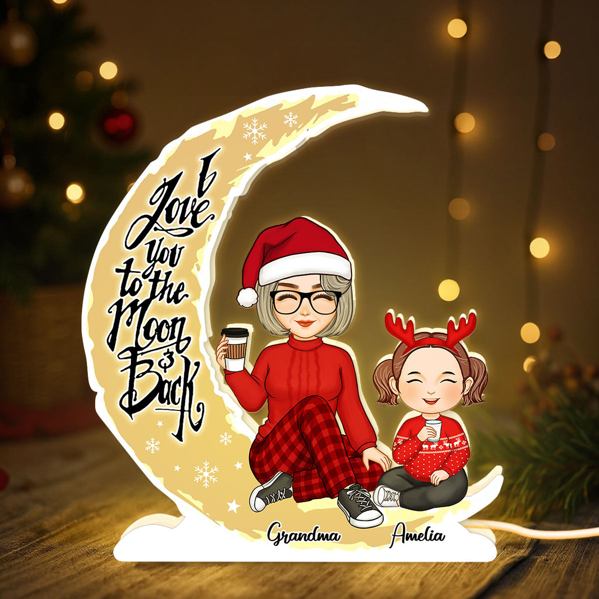 Cute Grandma & Grandkid On Yellow Moon Christmas Gift Personalized Light Box