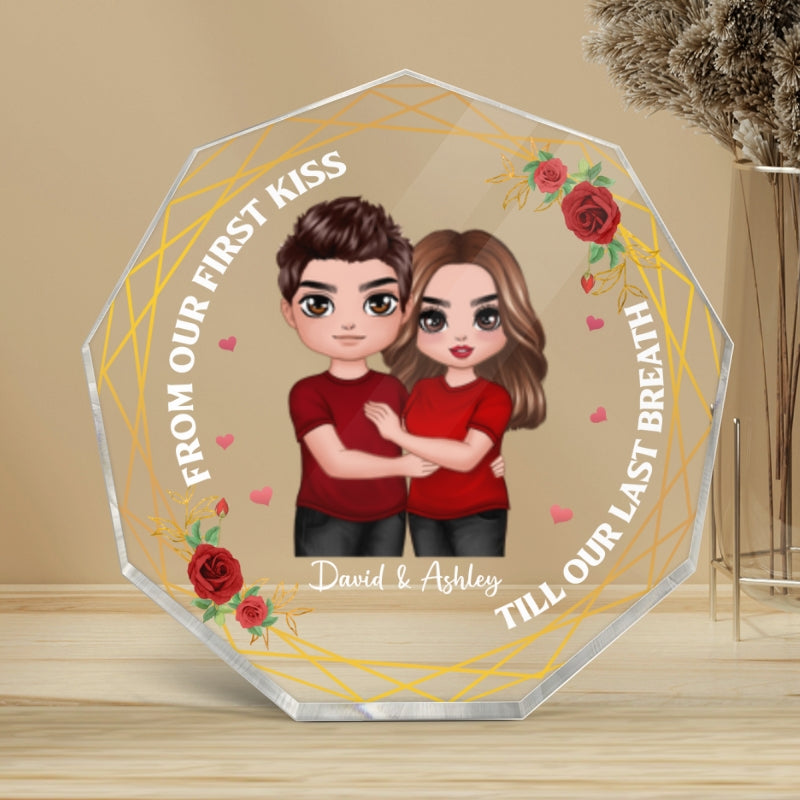 Standing Embracing Doll Couple Flower Personalized Nonagon Acrylic Plaque - Gift For Him Gift For Her