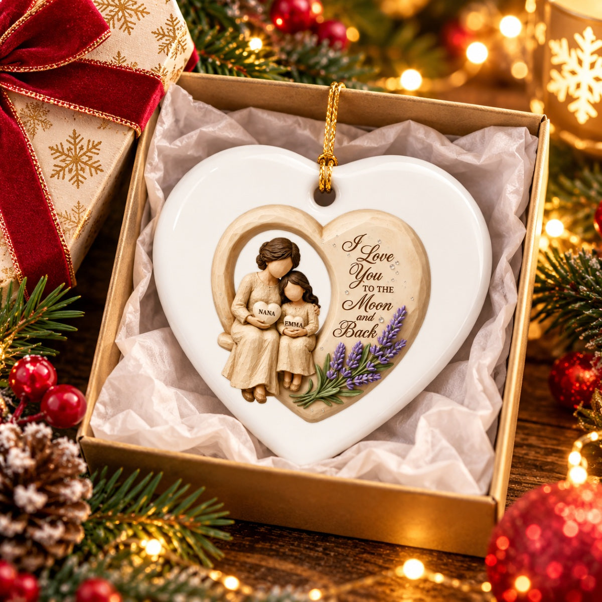 Grandma Loves to the Moon and Back - Personalized Ceramic Ornament - Christmas Gift for Granddaughter Grandson