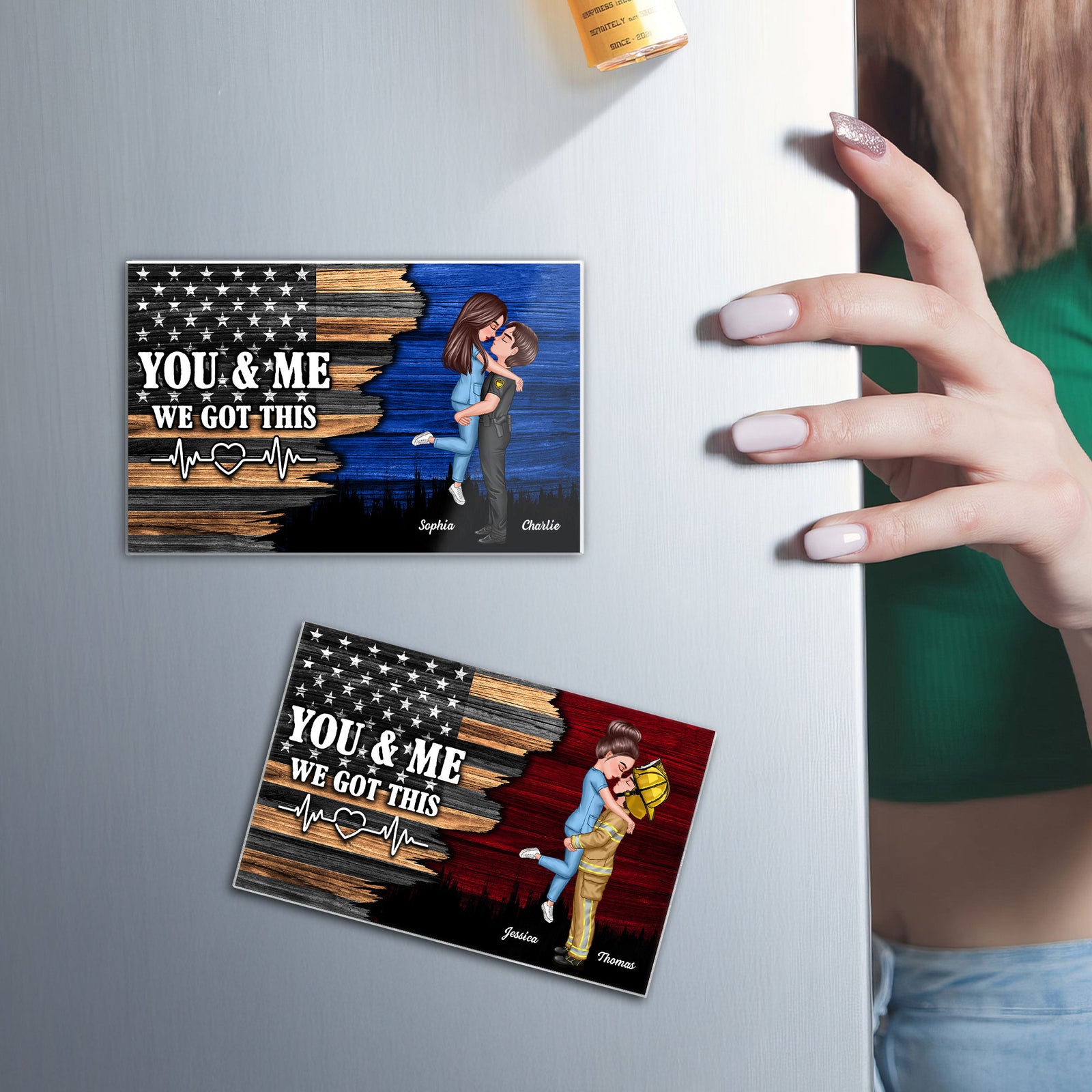 Hero Couple Hugging Kissing Half Flag  Gift by Occupation Gift For Her Gift For Him Personalized Acrylic Fridge Magnet