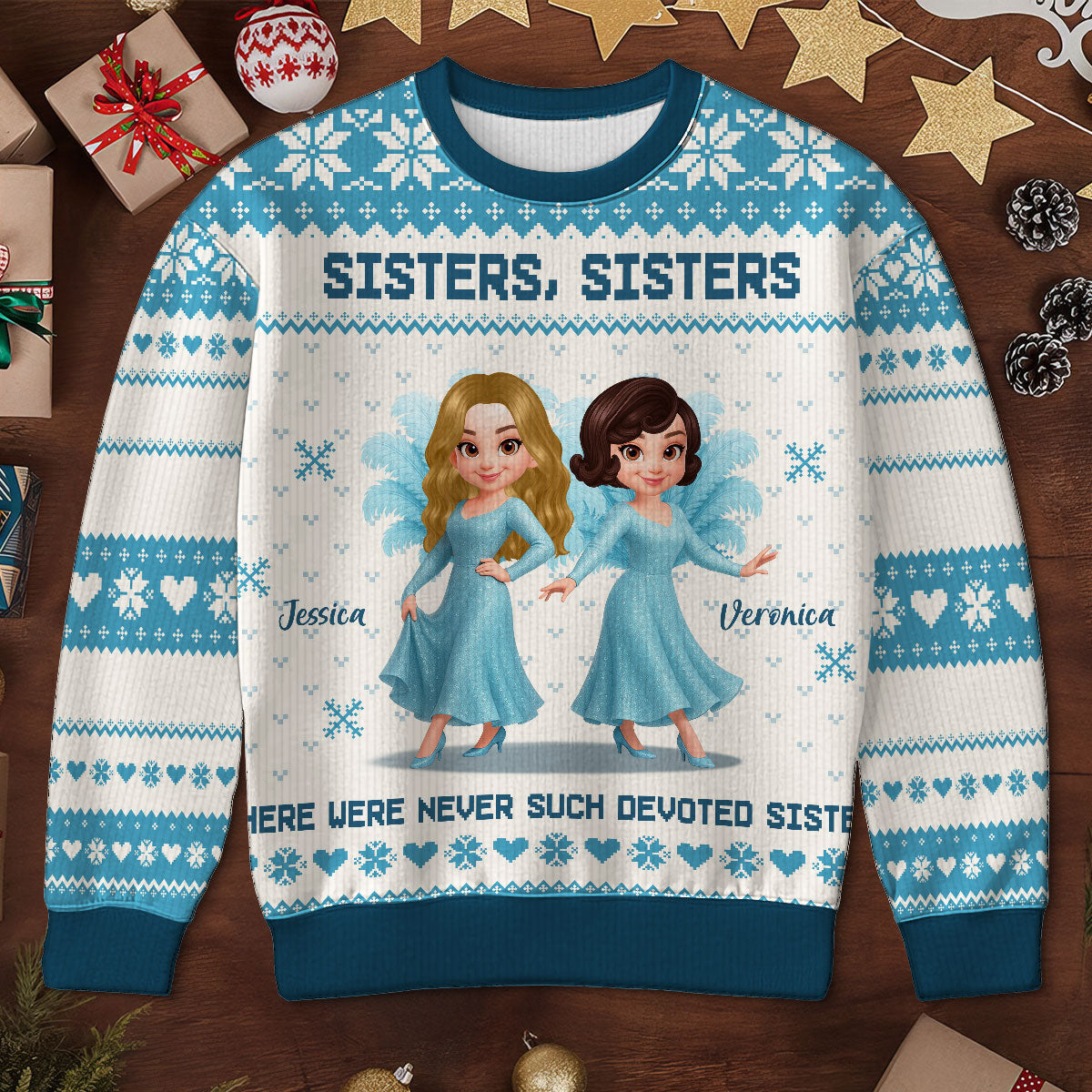 Sisters Sisters Besties in Blue Dresses Personalized Faux Knitting Ugly Sweater, Christmas Matching Costume For Sisters, Best Friends