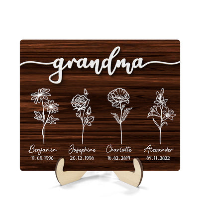Grandma Grandkids Flowers Personalized 2-Layer Wooden Plaque