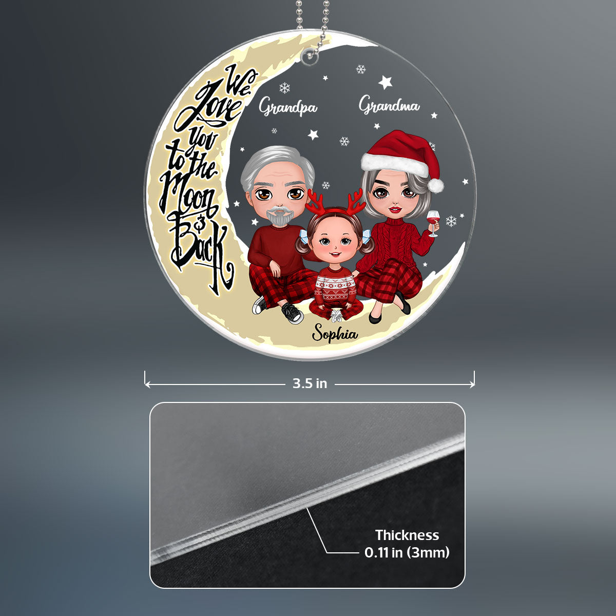 Grandpa Grandma Grandparents & Grandkid On Yellow Moon Personalized Acrylic Ornament