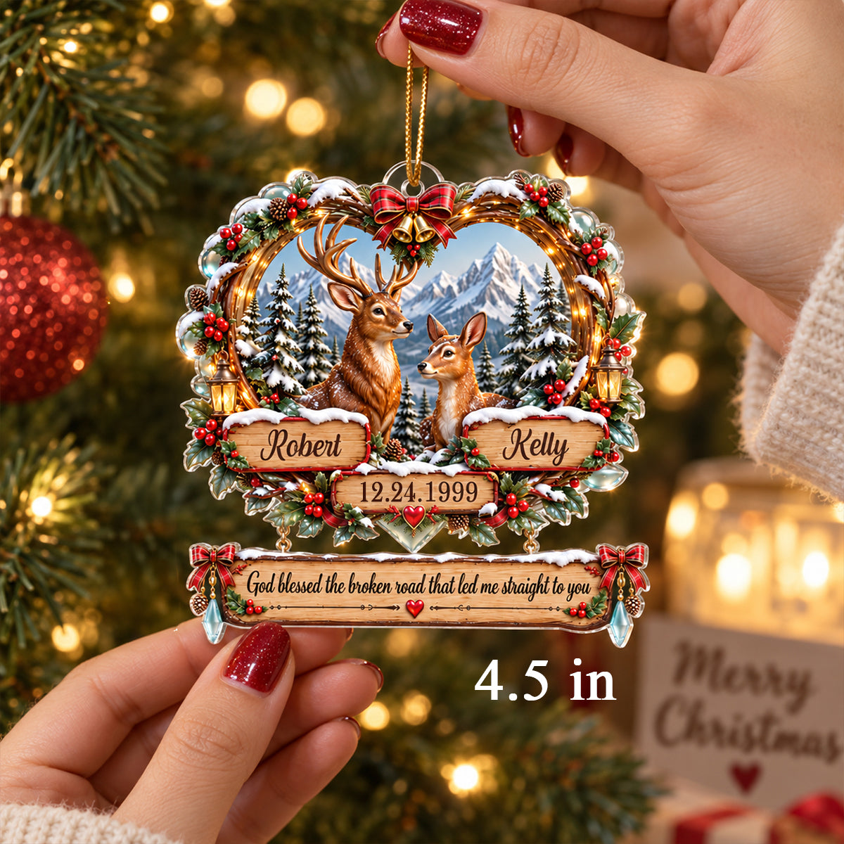 God Blessed the Broken Road Deer Couple - Personalized Acrylic Ornament - Christmas Gift for Him, for Her