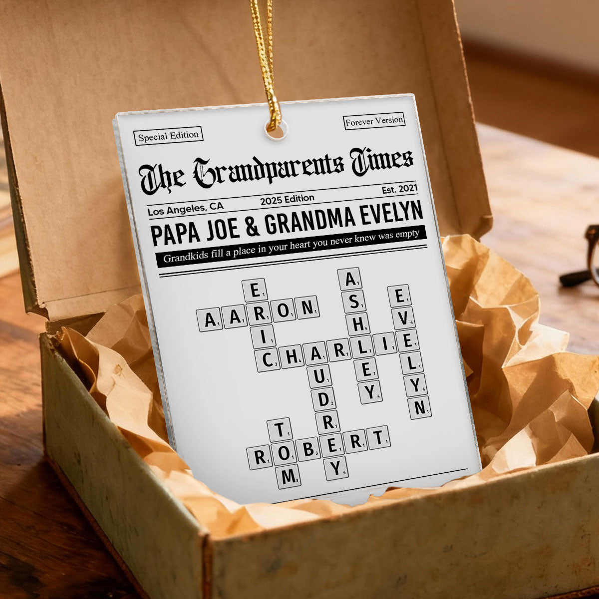 The Grandparents Times Crossword Puzzle Newspaper Style - Personalized Acrylic Ornament - Christmas Keepsake Gift For Grandparents