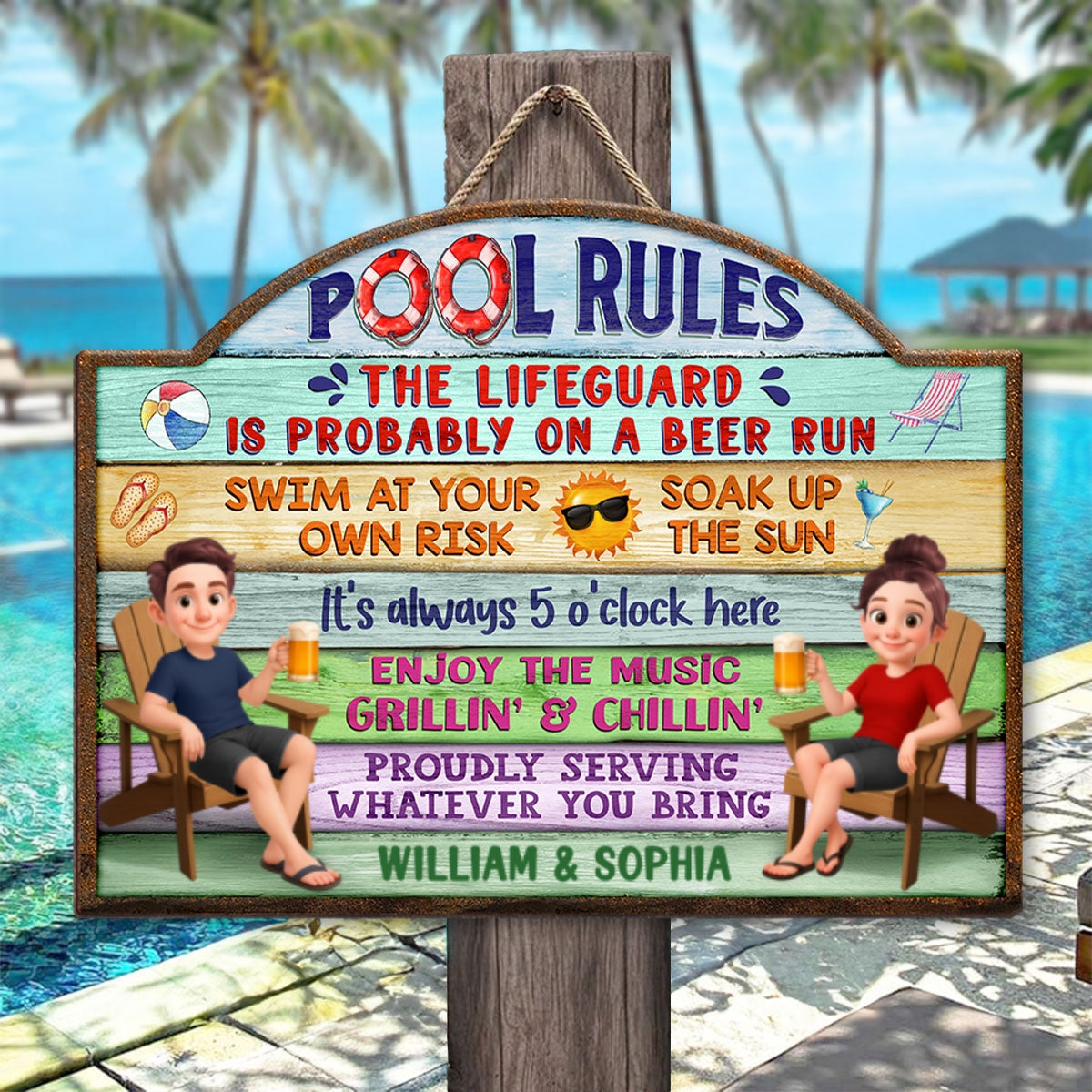 Cute Cartoon Couple Family Pool Rule Personalized Wood Sign