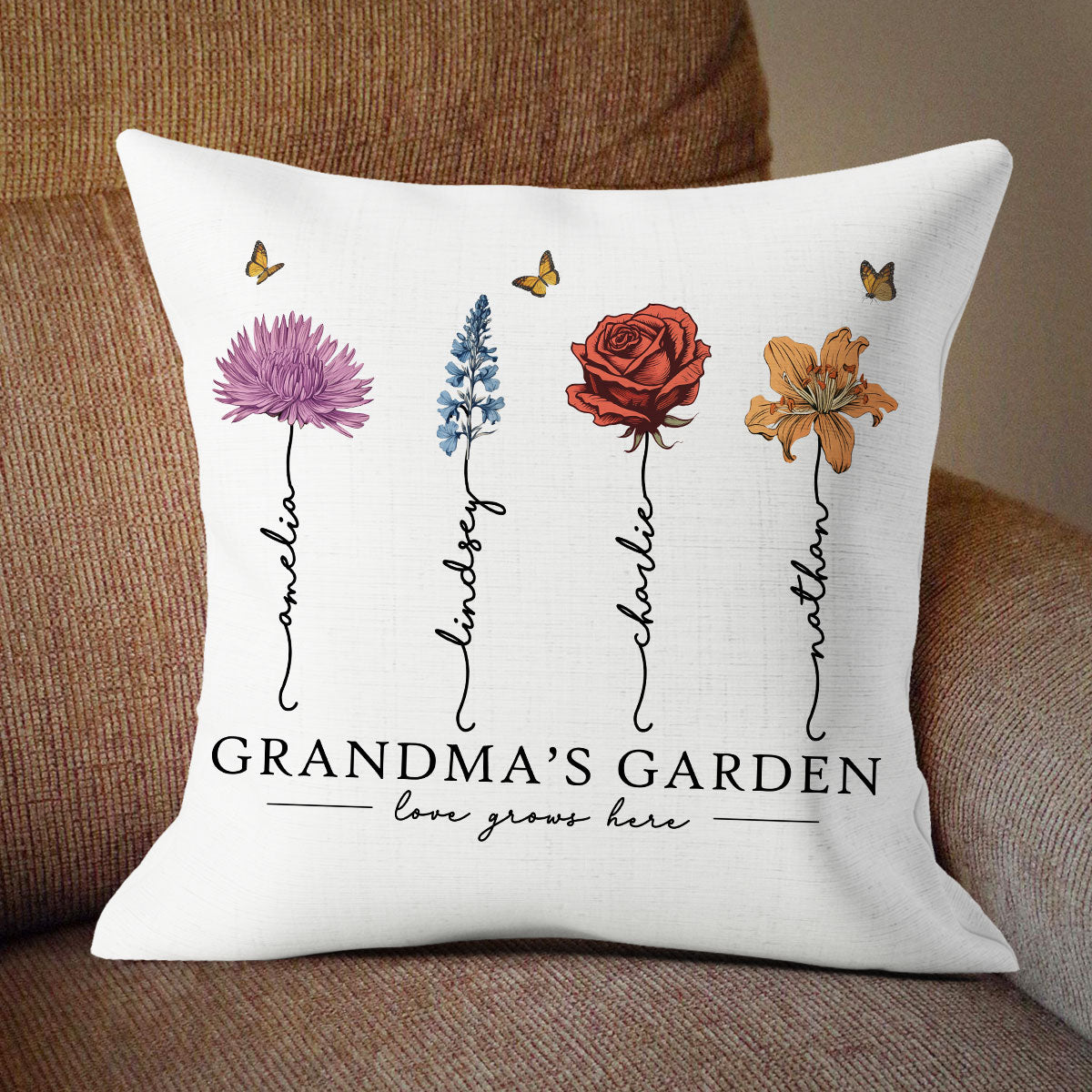 Grandma‘s Garden Love Grows Here Beautiful Birth Month Flower Gift For Grandma Mom Personalized Pillow