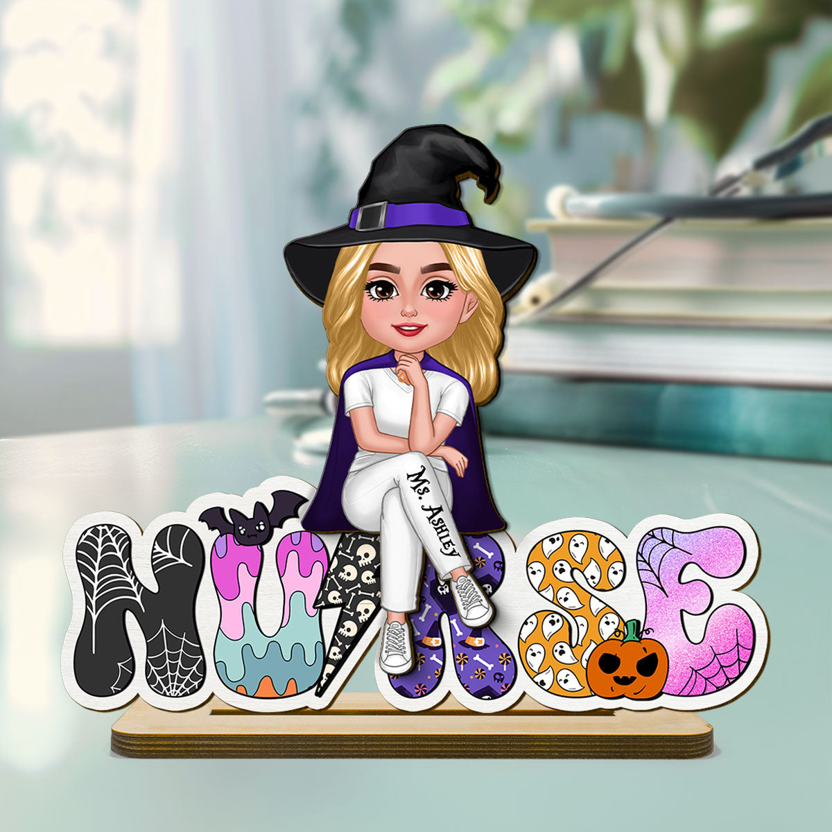 Nurse Sitting Halloween Pattern Personalized Standing Wooden Plaque