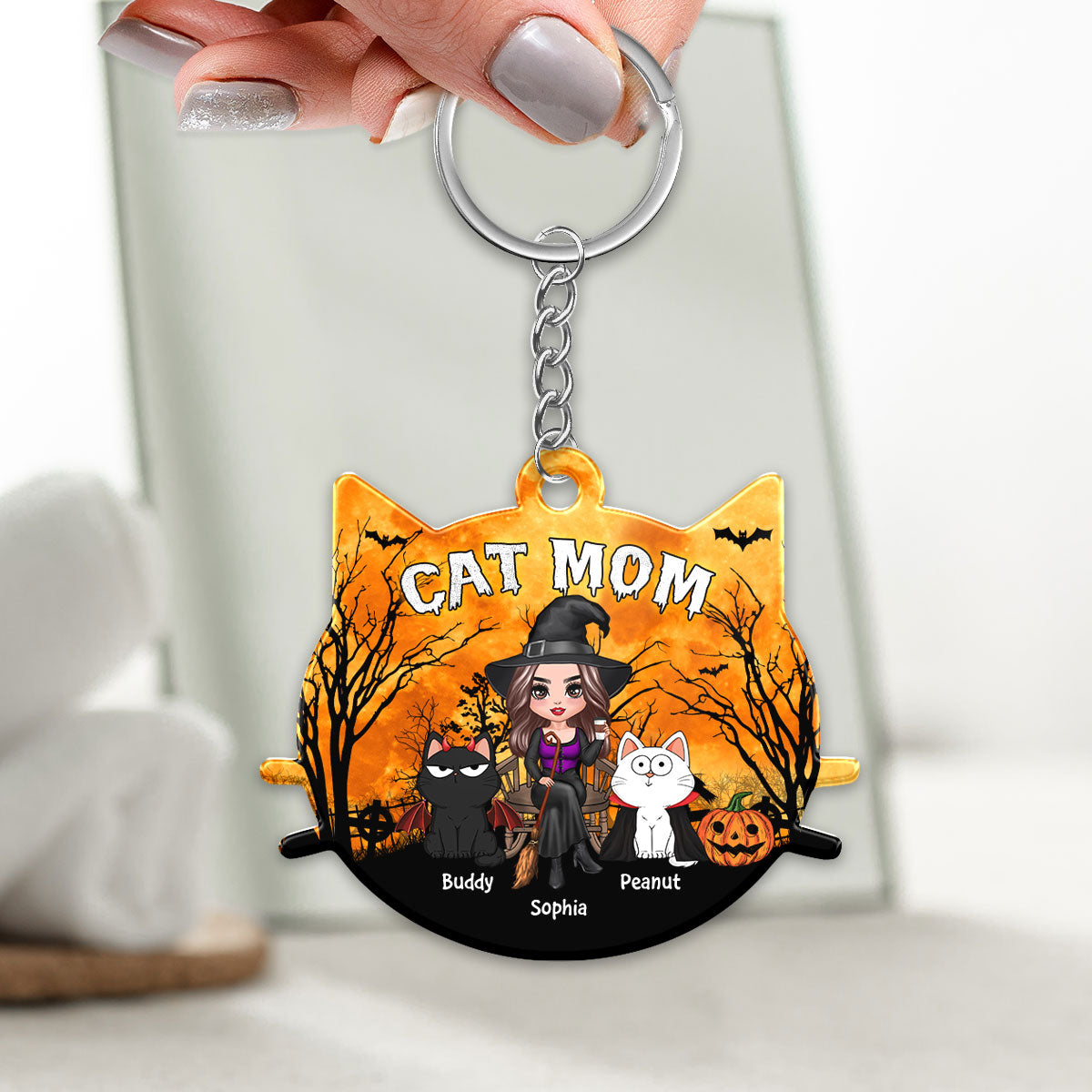 Halloween Cat Face Shaped Cat Mom Personalized Acrylic Keychain