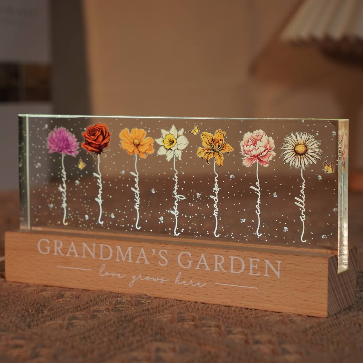 Grandma‘s Garden Birth Month Flowers - Personalized Acrylic Block Plaque LED Night Light - Heartfelt Gift For Grandma