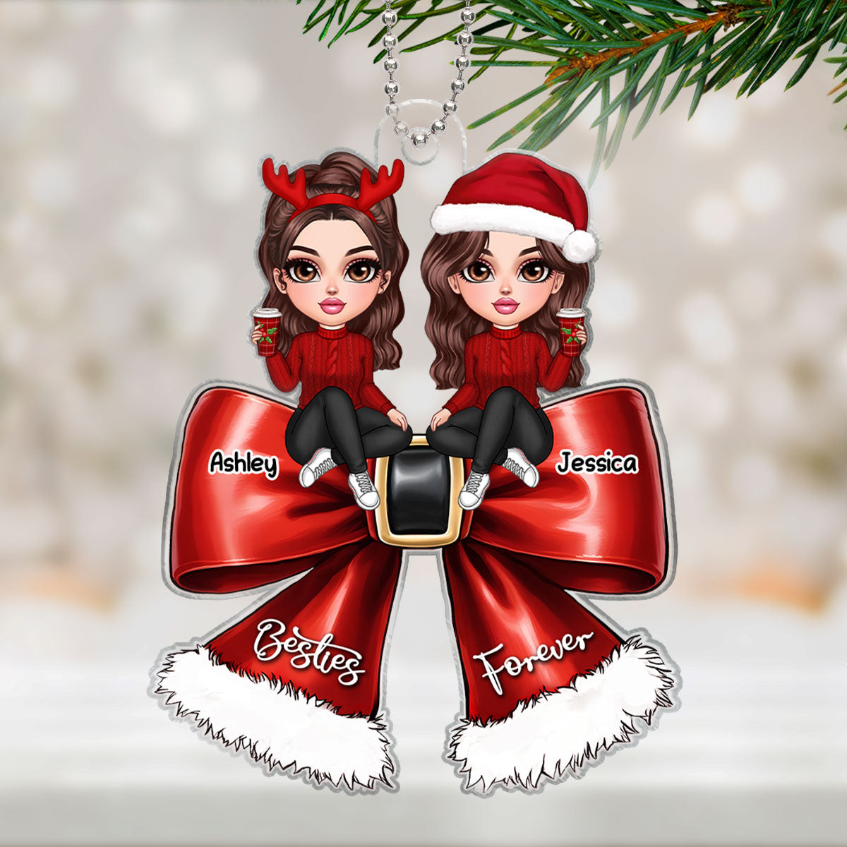 Christmas Red Coquette Bow Best Friends Personalized Acrylic Ornament, Christmas Gift For Besties