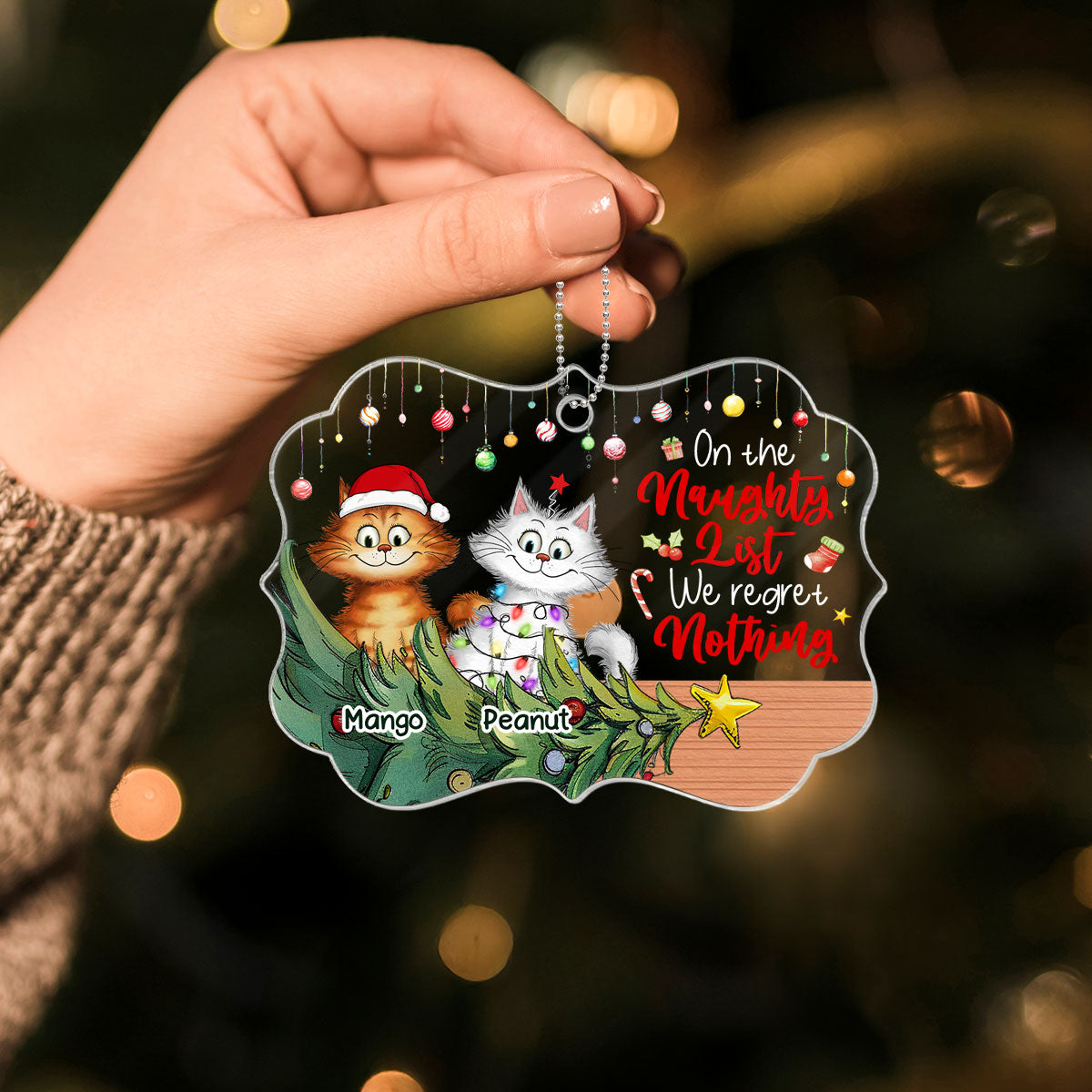 Christmas Quirky Cat On The Naughty List Regret Nothing Personalized Acrylic Ornament, Unique Christmas Gift For For Cat Owners Cat Lovers