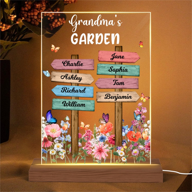 Grandma‘s Garden Direction Sign Flowers Butterflies Personalized Rectangle Acrylic LED Night Light