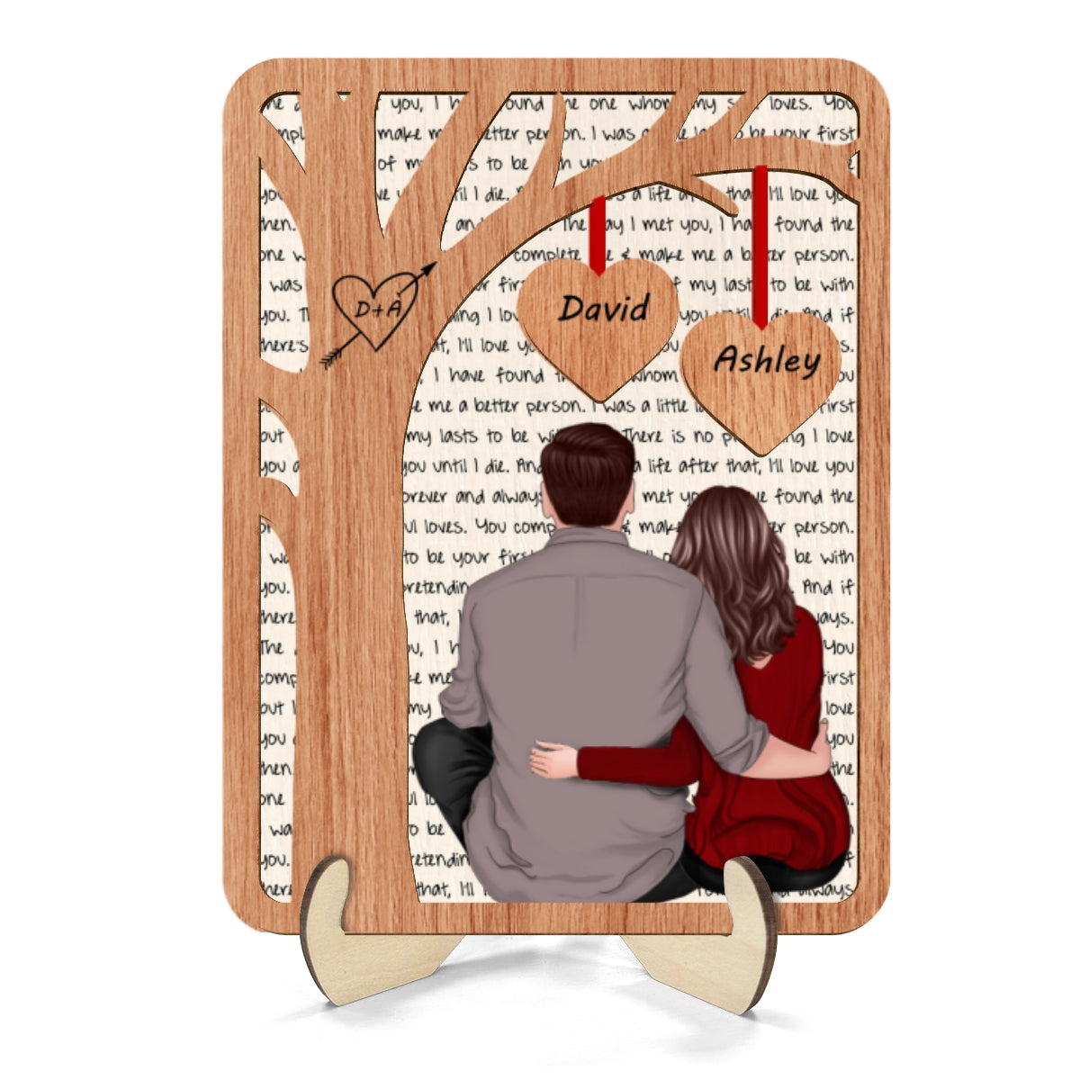 Back View Couple Sitting Under Tree Letters Background Personalized 2-Layer Wooden Plaque