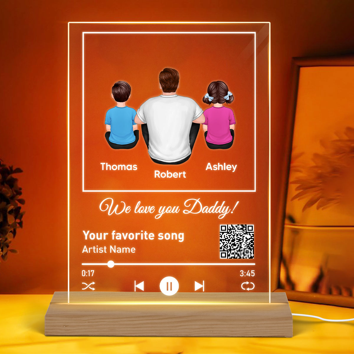 Dad Favorite Song Scannable QR Code Back View Man Kids Dog Cat Personalized Rectangle Acrylic Plaque LED Night Light