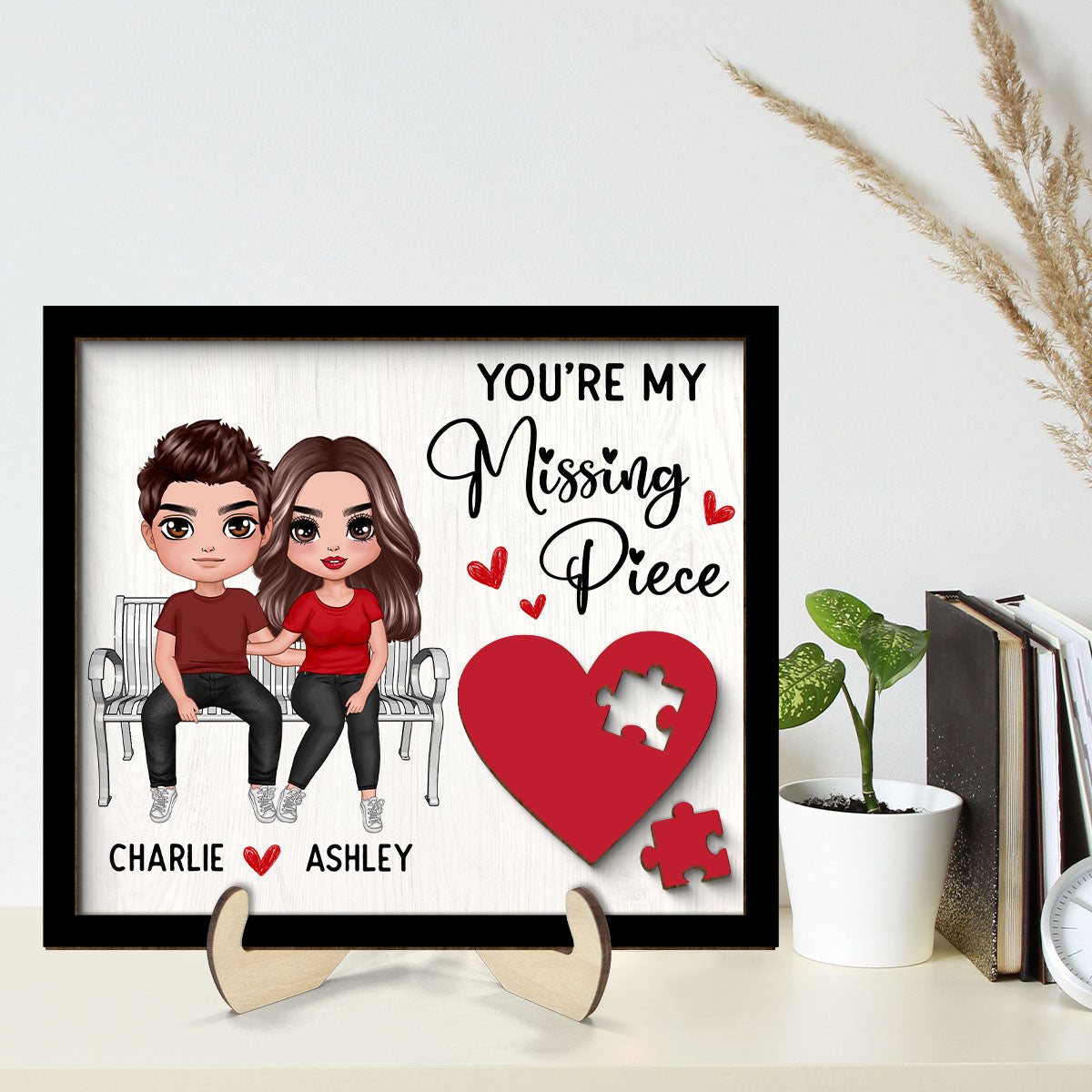 Couple Sitting On Bench Red Heart Valentine‘s Day Gift For Her Gift For Him Personalized 2-Layer Wooden Plaque