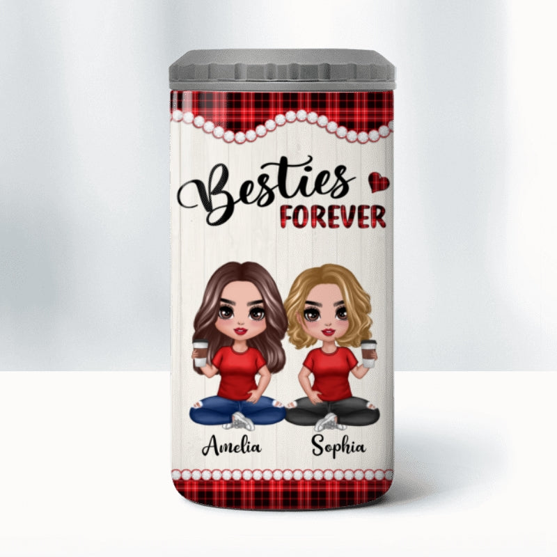 Checkered Pattern Doll Besties Sisters Sitting Personalized 4 In 1 Can Cooler