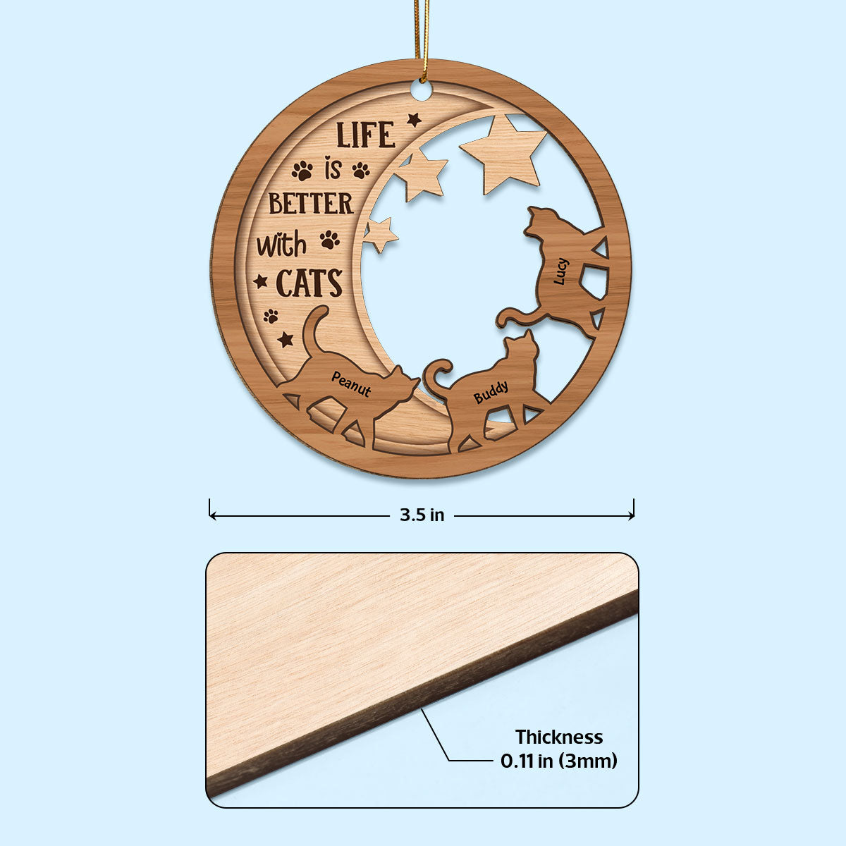 Cats Walking On Moon Personalized Wooden Ornament
