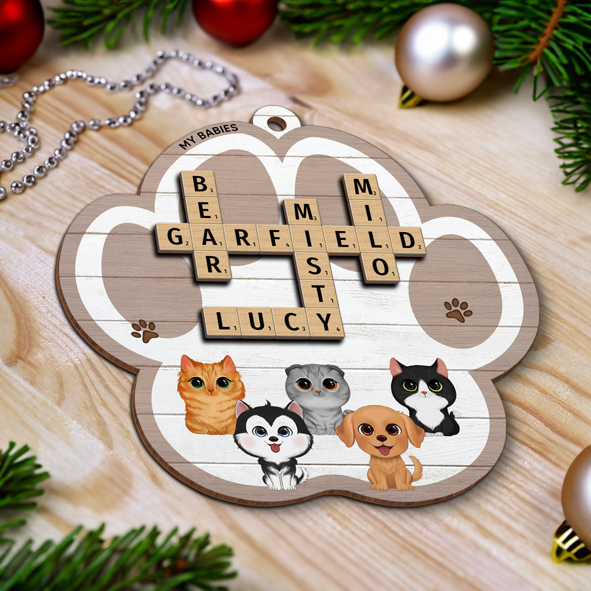 My Babies Dog Cat Crossword Puzzle Art Personalized Paw Shaped 2-Layer Wooden Ornament