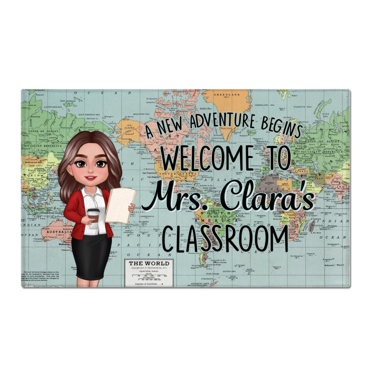 World Map Adventure Themed Welcome To Classroom Personalized Doormat, Gift For Teacher, Classroom Decor