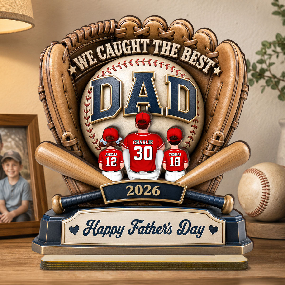 Dad's Greatest Catch Baseball - Personalized 2-Layered Wooden Plaque - Father's Day Gift For Dad, Husband