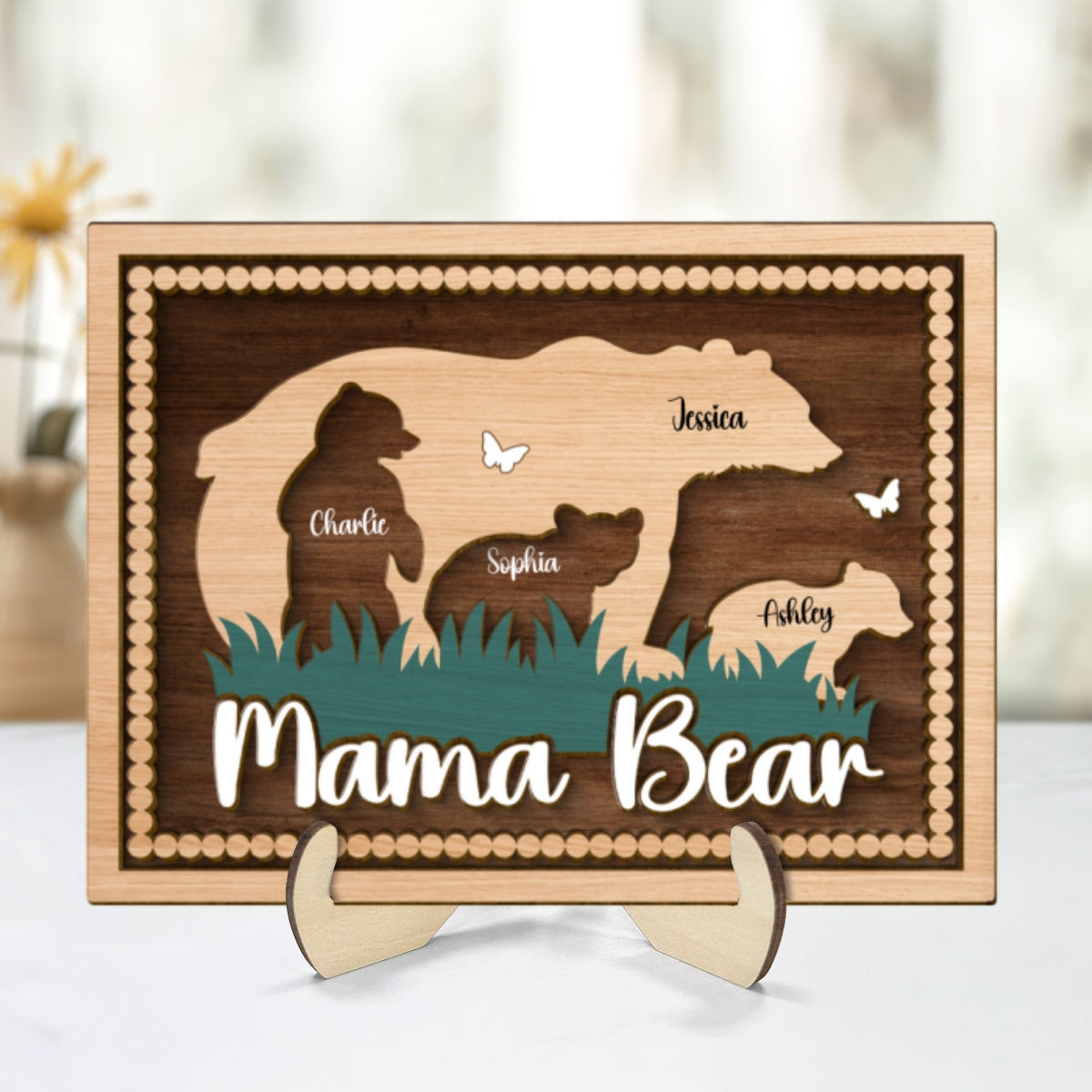 Mama Bear With Kids Names Personalized 2-Layer Wooden Plaque