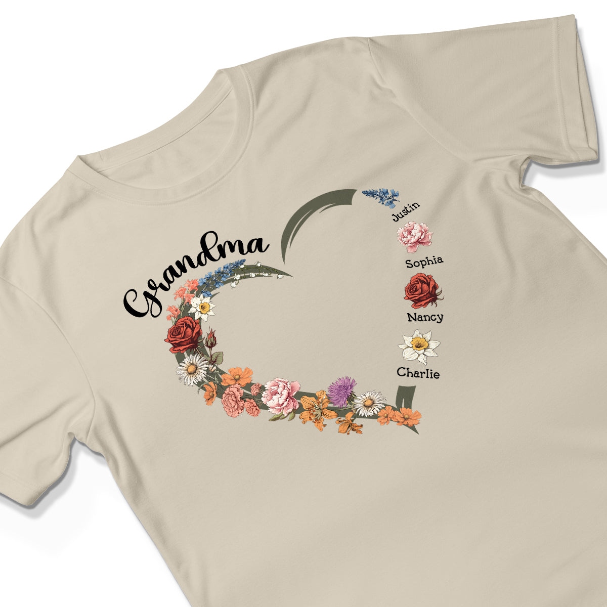 Grandma Mom Heart Birth Month Flowers Personalized Shirt