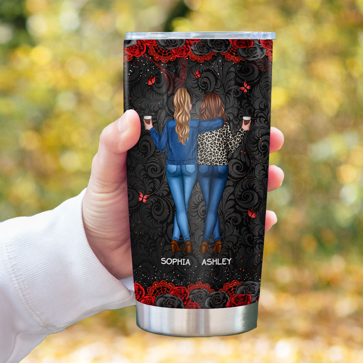 I'd Punch A Bitch For You Gift For Besties Black & Red Roses Personalized Tumbler
