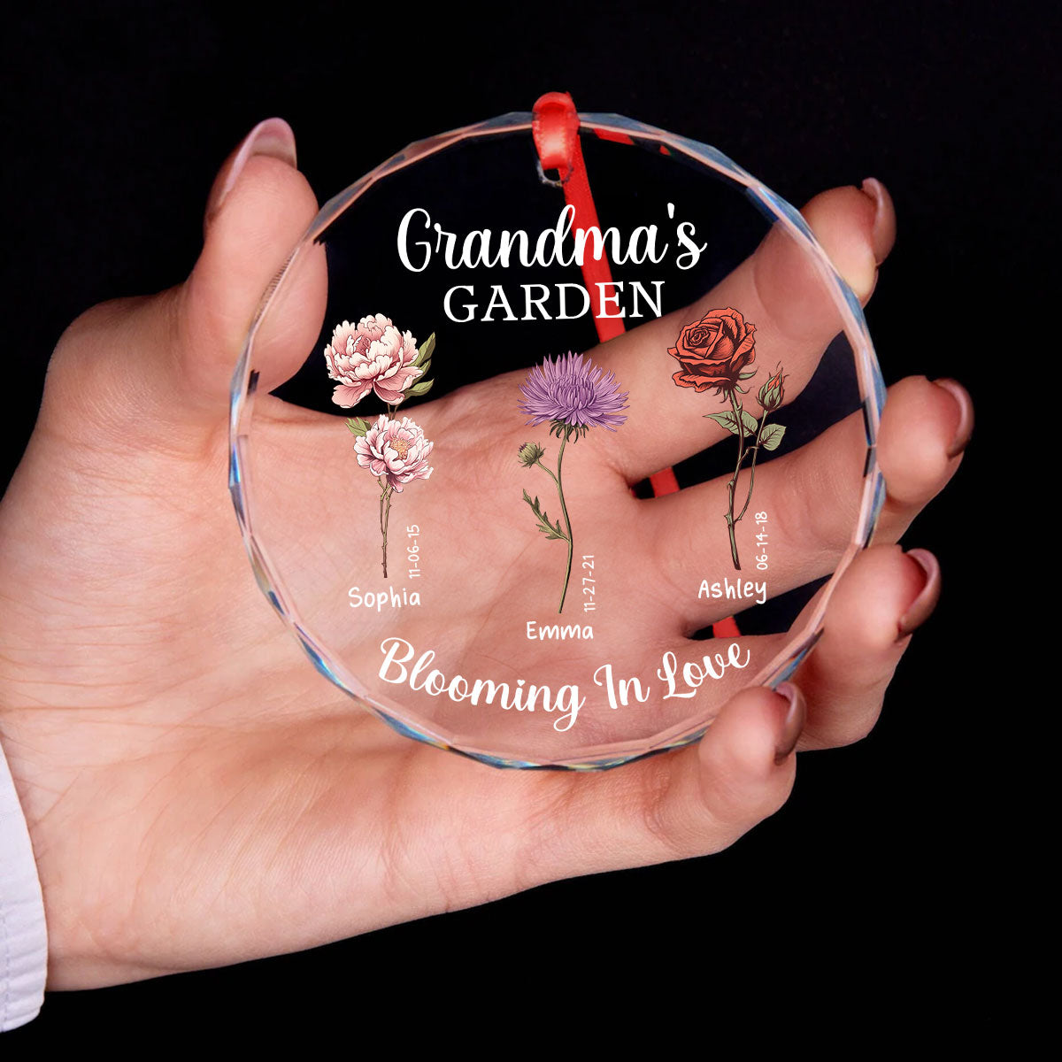 Grandma's Garden Blooming In Love Personalized Glass Ornament, Christmas Gift For Grandma Granddaughter Grandson