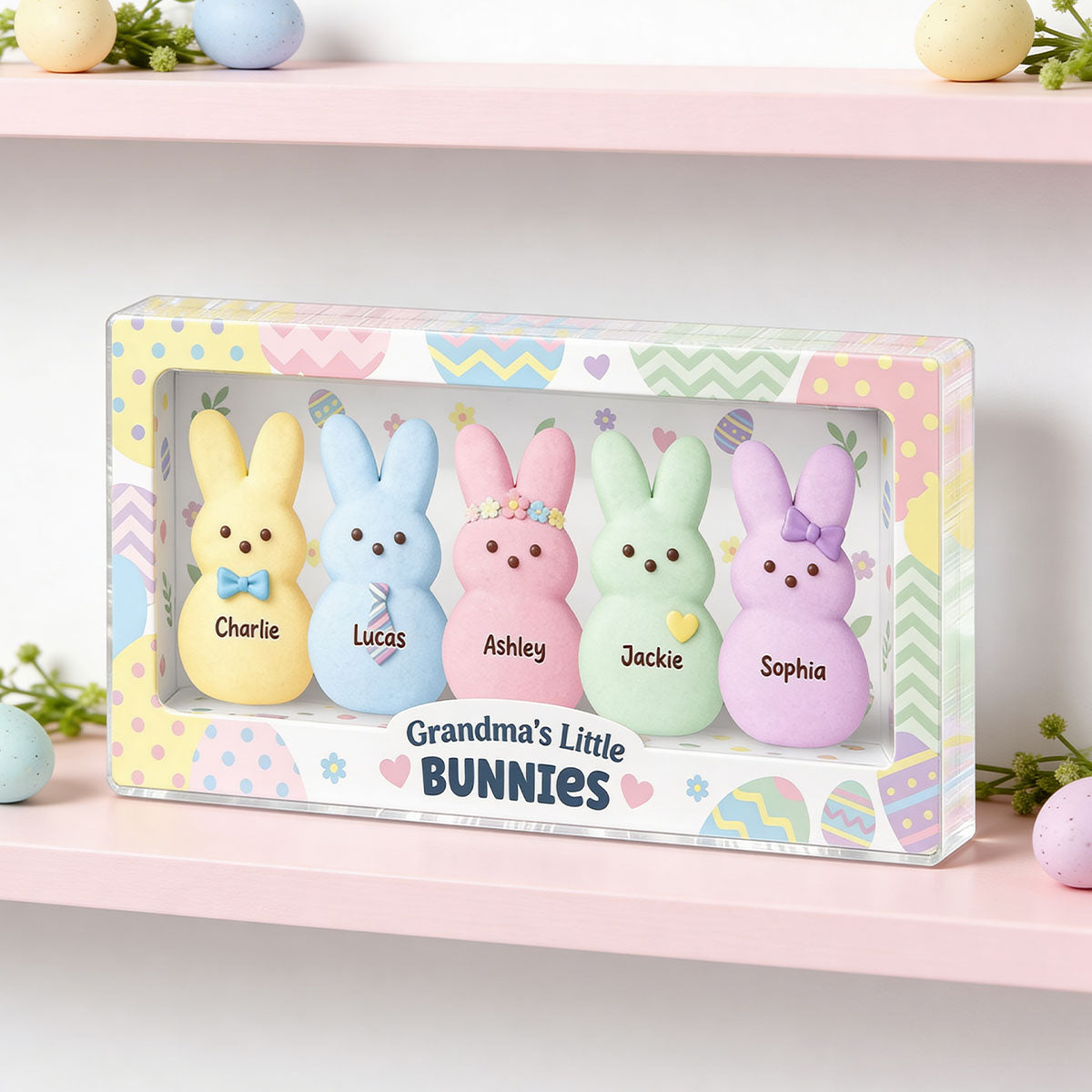 Grandma's Little Bunnies Custom Grandkids Names - Personalized Acrylic Block Plaque - Easter Decor Gift for Grandma, Mom