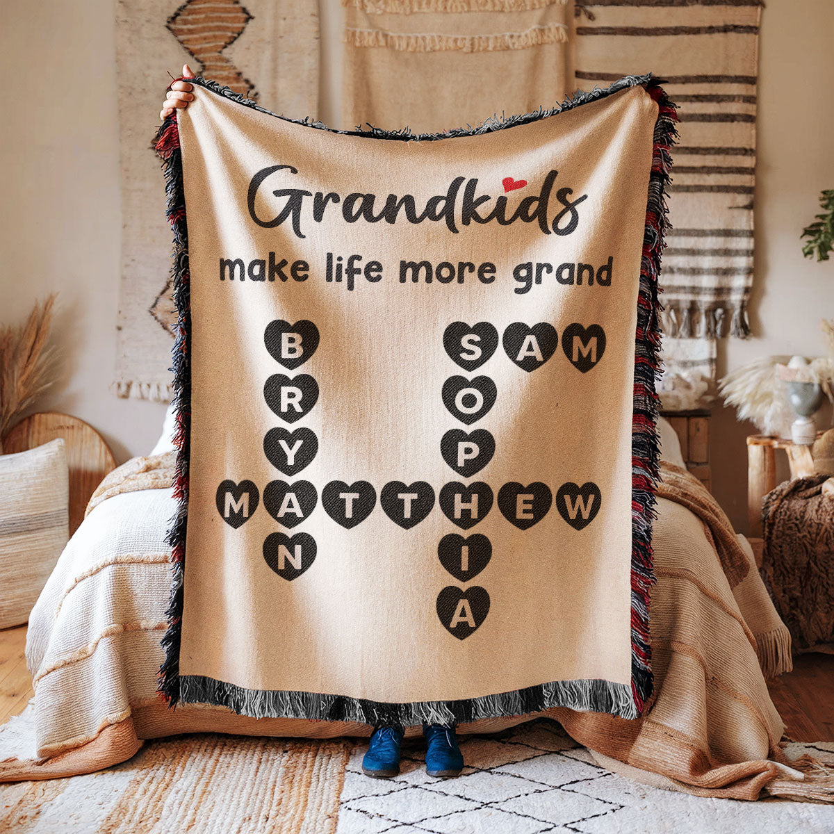 Grandkids Make Life Grand Heartfelt Crossword Puzzle Art Gift For Grandma Personalized Tapestry Woven Blanket