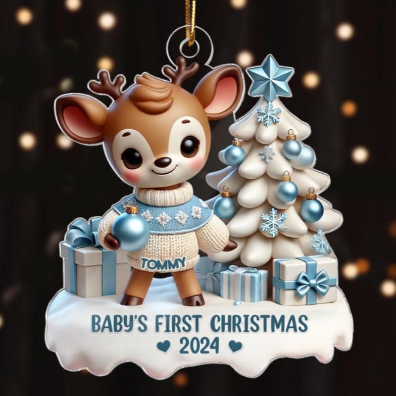 3D Effect Cute Reindeer Baby's First Christmas Personalized Acrylic Ornament, Christmas Gift For Newborns, New Parents
