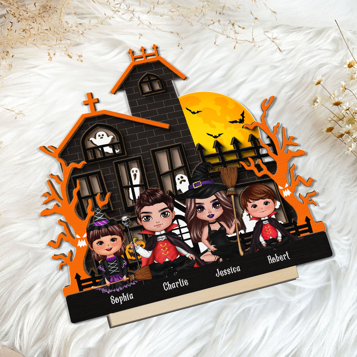 Halloween Family Sitting Haunted House Personalized 2-Layer Standing Wooden Plaque