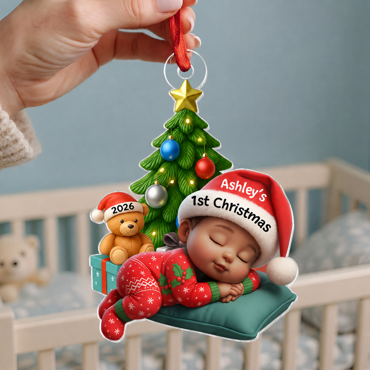 Sleeping Baby in Christmas Pajama Personalized Acrylic Ornament, Baby's 1st Christmas