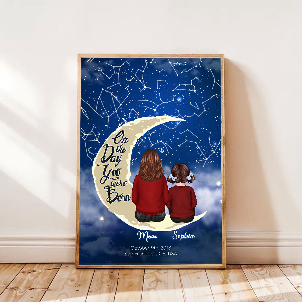 Grandma & Grandkid Sitting On Moon Custom Star Map Personalized Poster, Heartfelt Gift For Mom, For Grandma