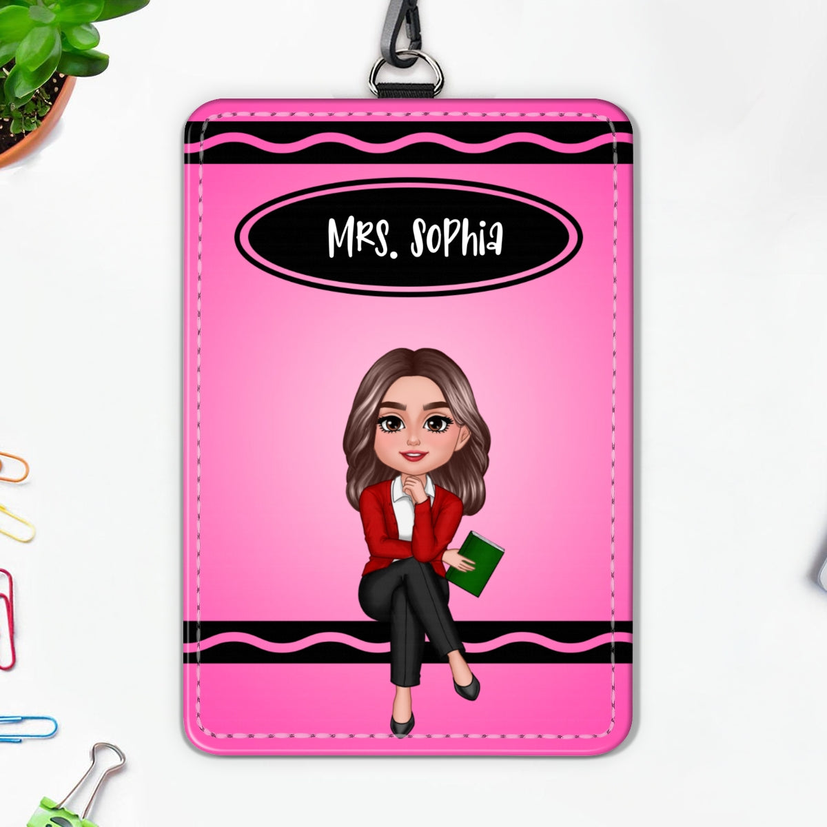 Crayon Themed Teacher Sitting Personalized ID Badge Holder, Back To School Gift