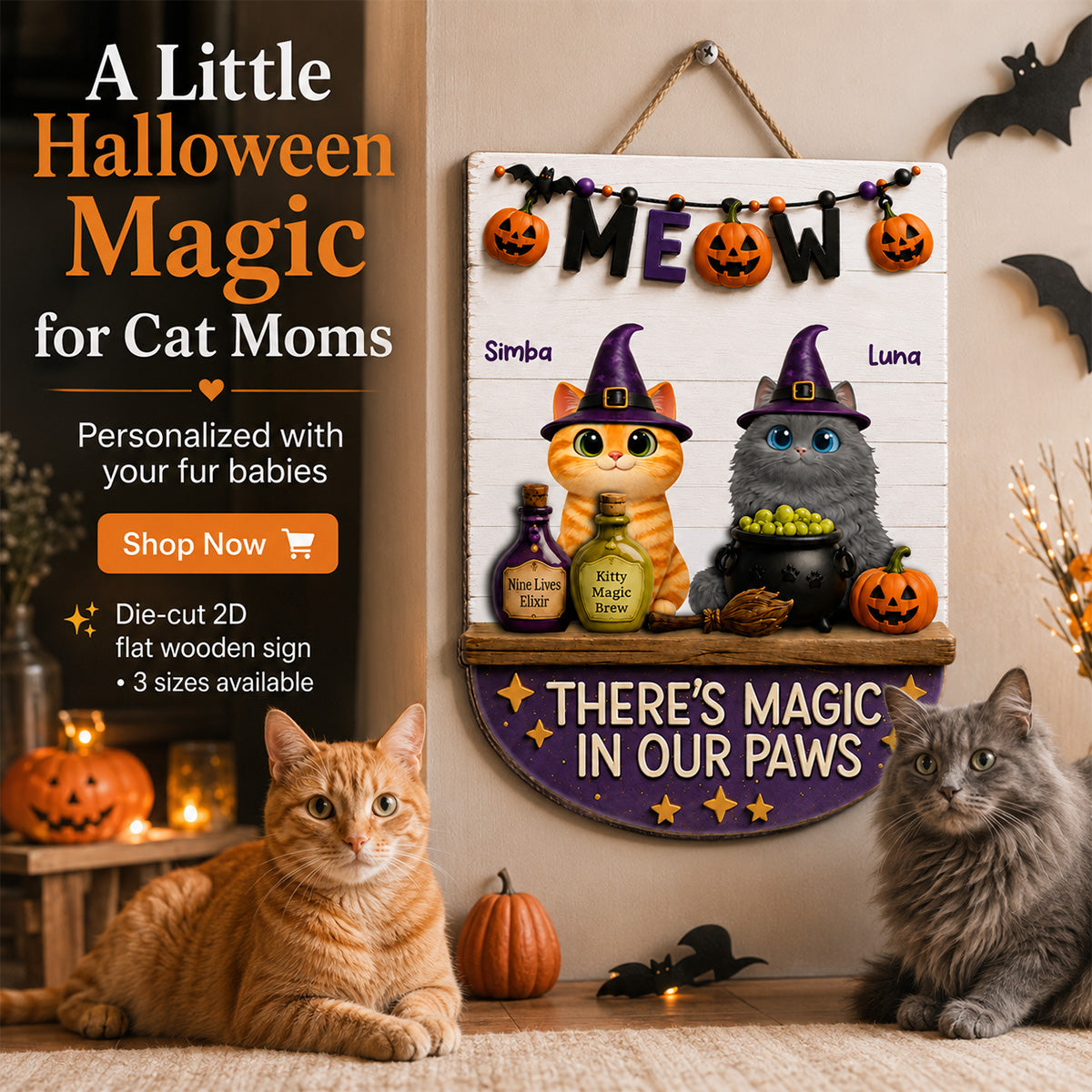 There's Magic In Cat Paws - Personalized Door Hanger - Halloween Decoration