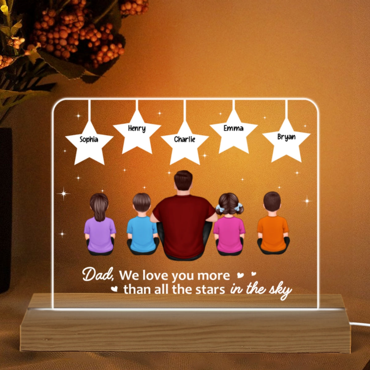 Best Dad Ever Back View Man Kids Dog Cat Sitting Under Stars Personalized Custom Shape Acrylic Plaque Warm LED Night Light