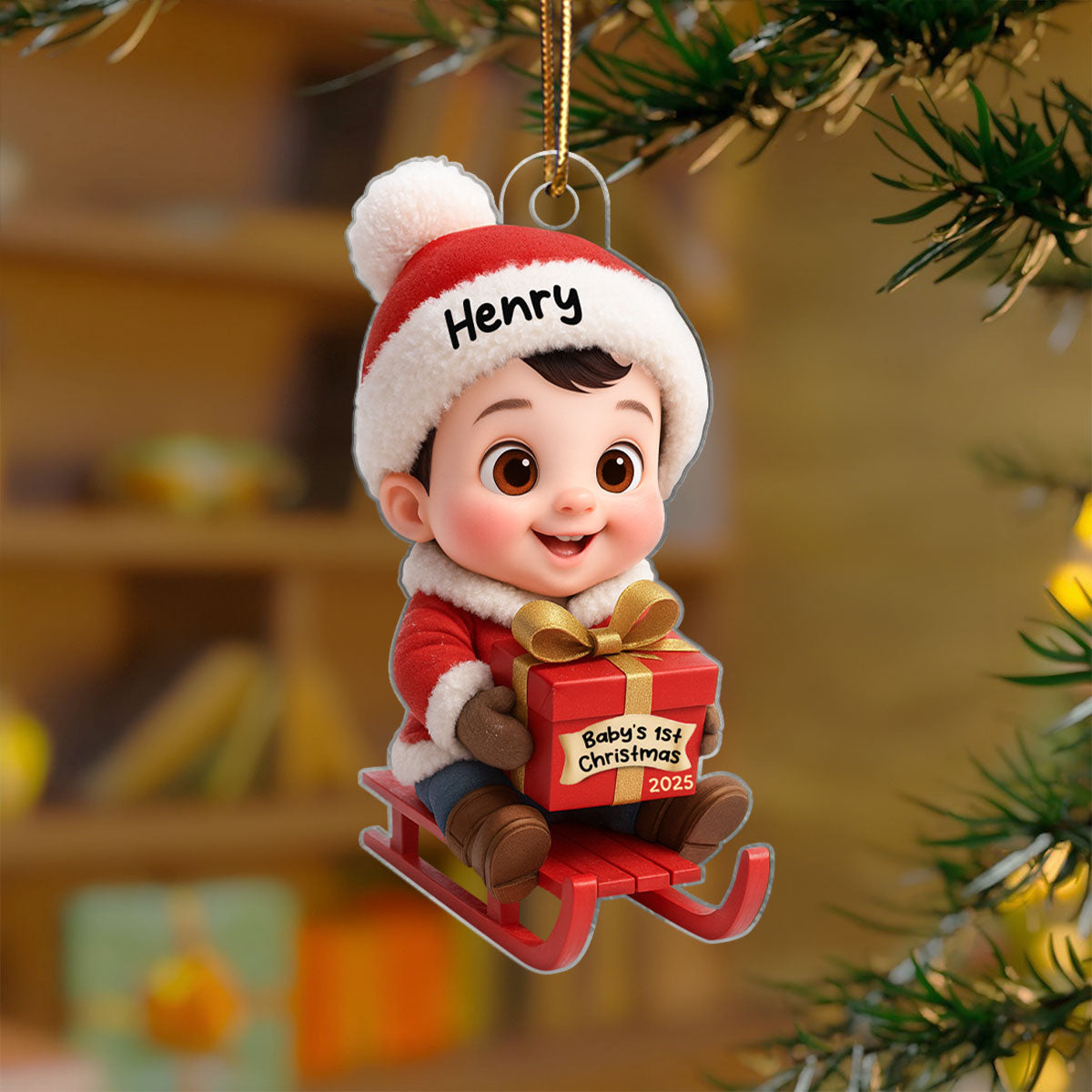 Baby Festive Cheer on a Sled Personalized Acrylic Christmas Ornament, 2025 Keepsake for Newborn