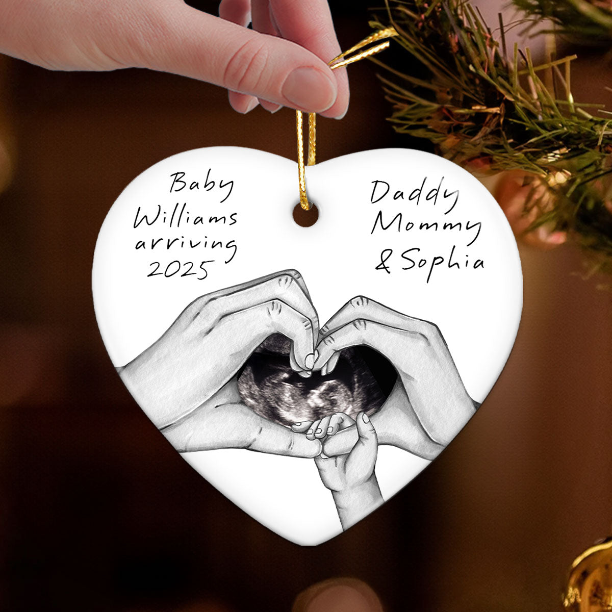 Pregnancy Baby Bump Christmas Tree Decoration, Last Christmas as a Family of 3, Baby Scan Photo Ceramic Ornament, Baby Arriving Next Year