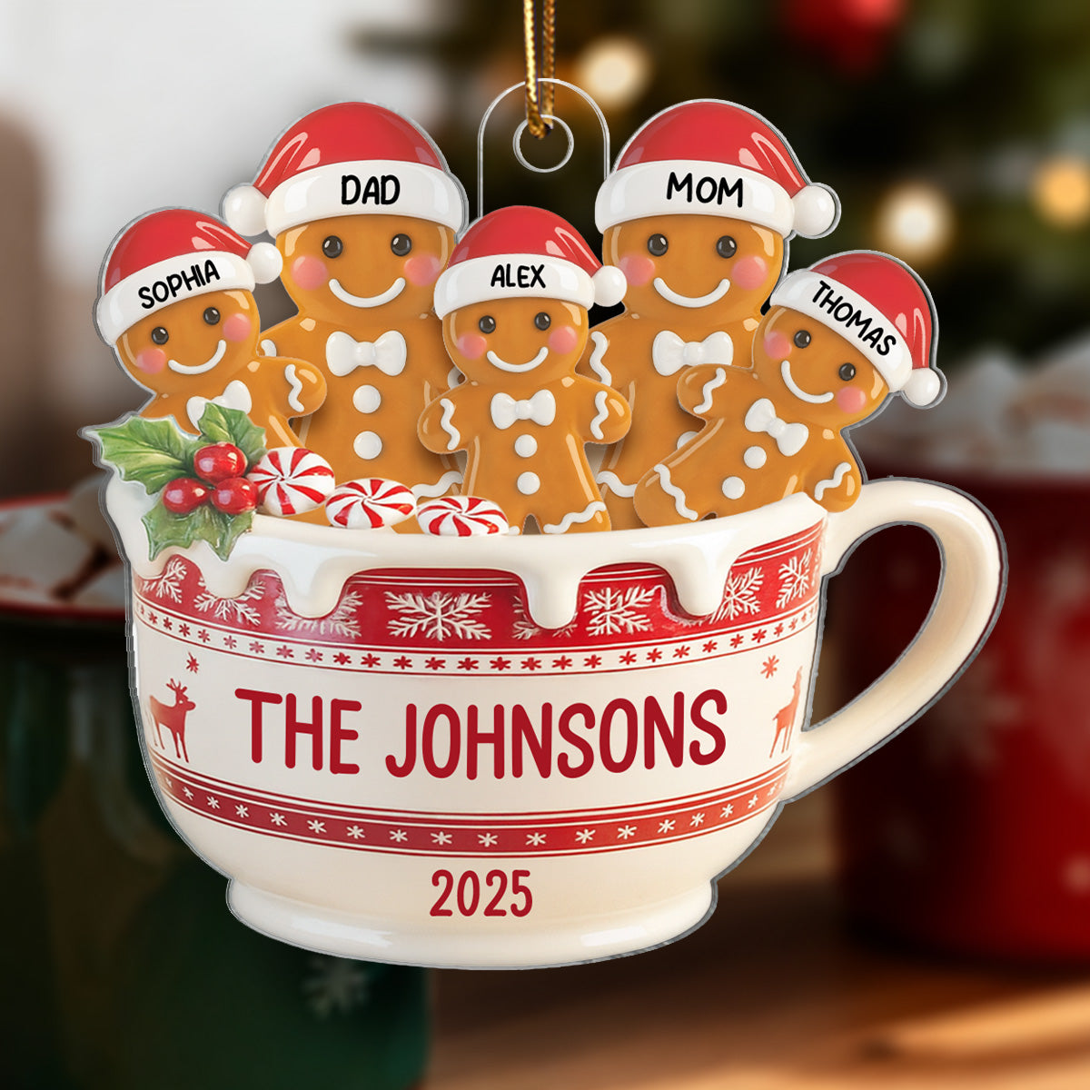 3D Effect Gingerbread Family In Hot Cocoa - Personalized Acrylic Ornament