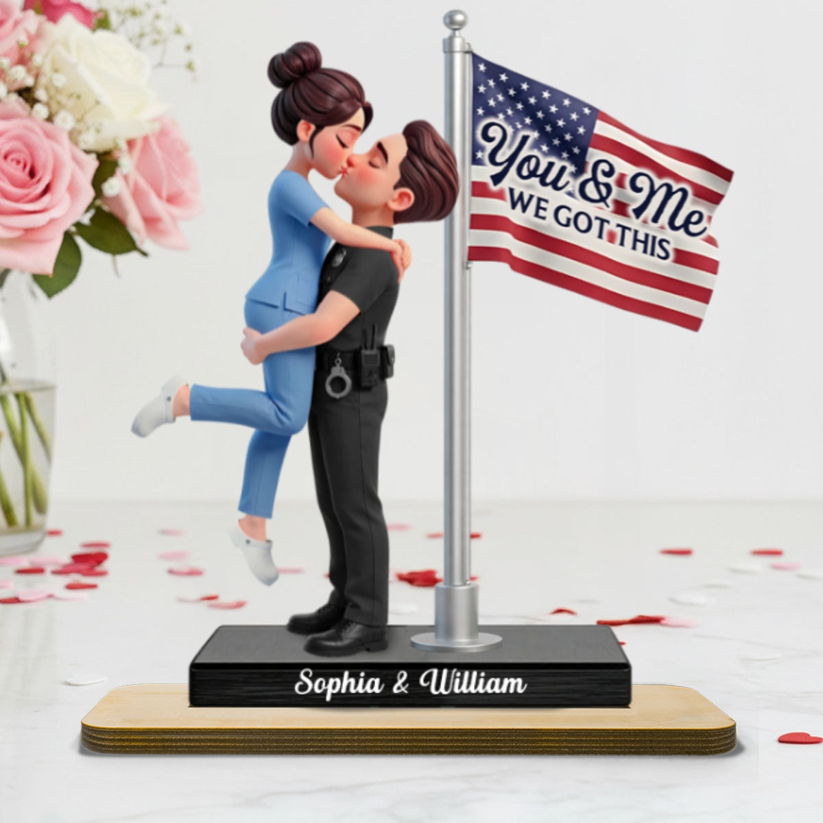 Proud Hero Couple Nation Flag - Personalized 2-Layered Wooden Plaque - Heartfelt Gift For Couple, For Him, For Her, Nurse, Police, Firefighter, Army