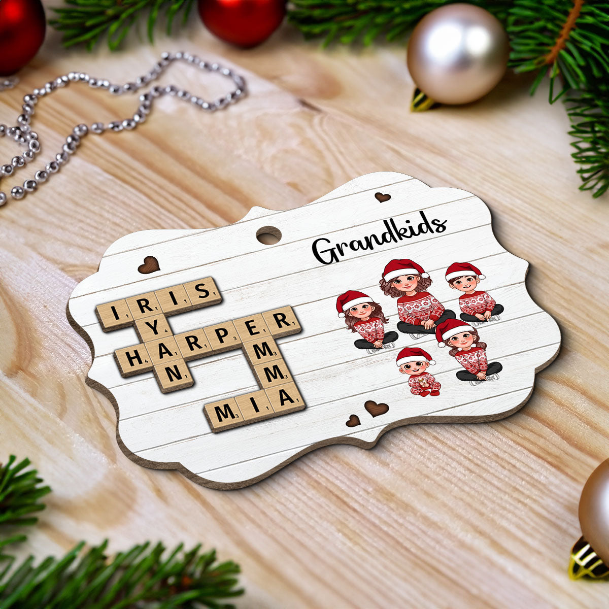 Crossword Puzzle Art Animated Grandma Grandkids Sitting Christmas Personalized 2-Layer Wooden Ornament