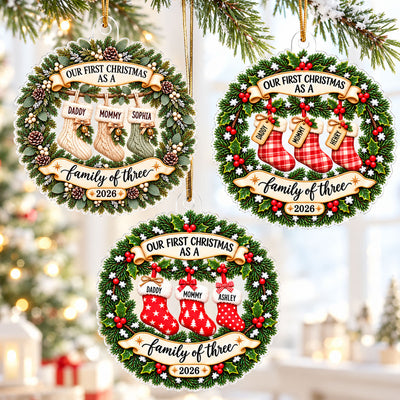 Heartwarming Christmas Wreath Stockings Our First Christmas As Family Of Three - Personalized Acrylic Ornament - Christmas Keepsake, Gift For New Mom, New Dad, New Parents