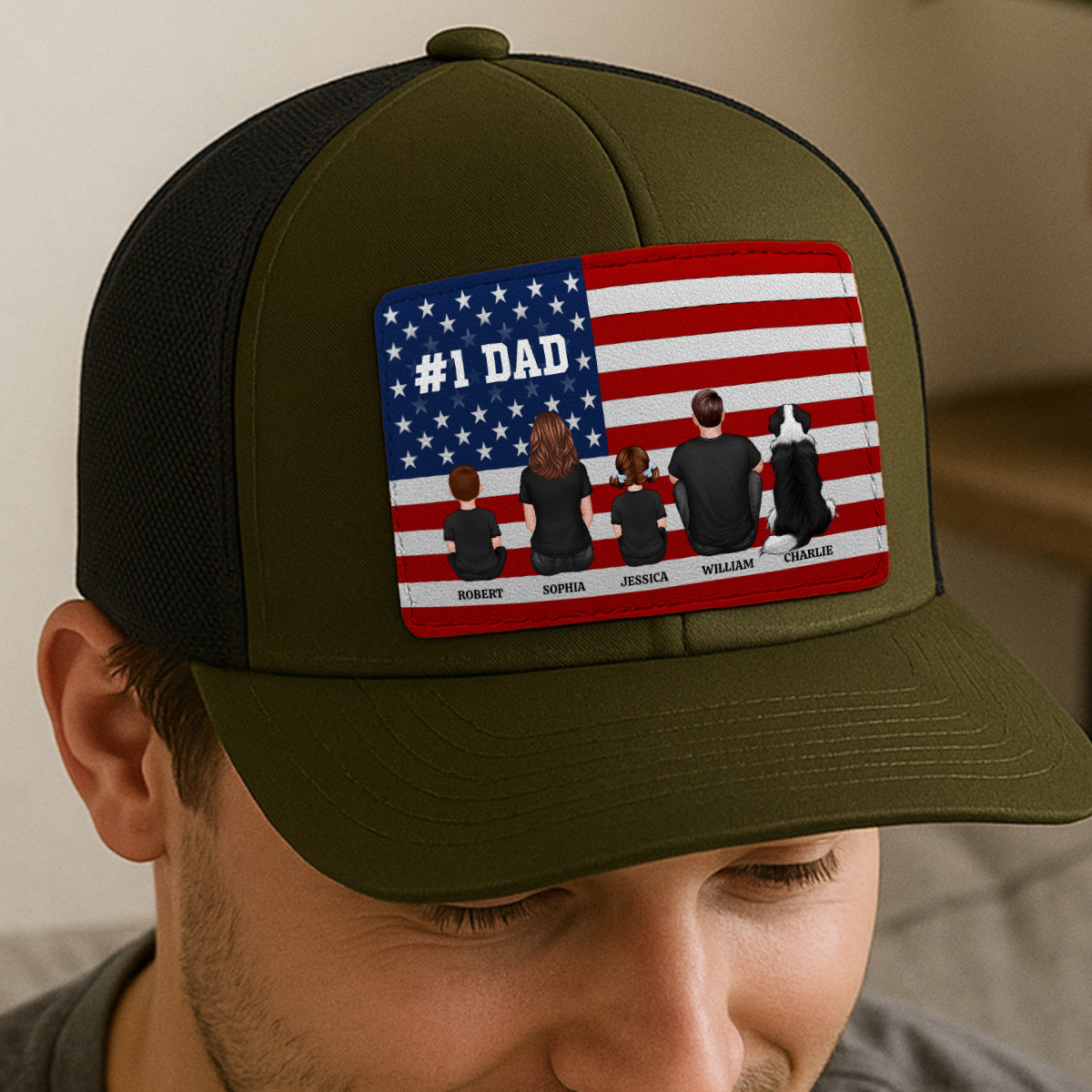 Nation Flag Dad And Kids Sitting Personalized Leather Patch Hat, Gift For Dad