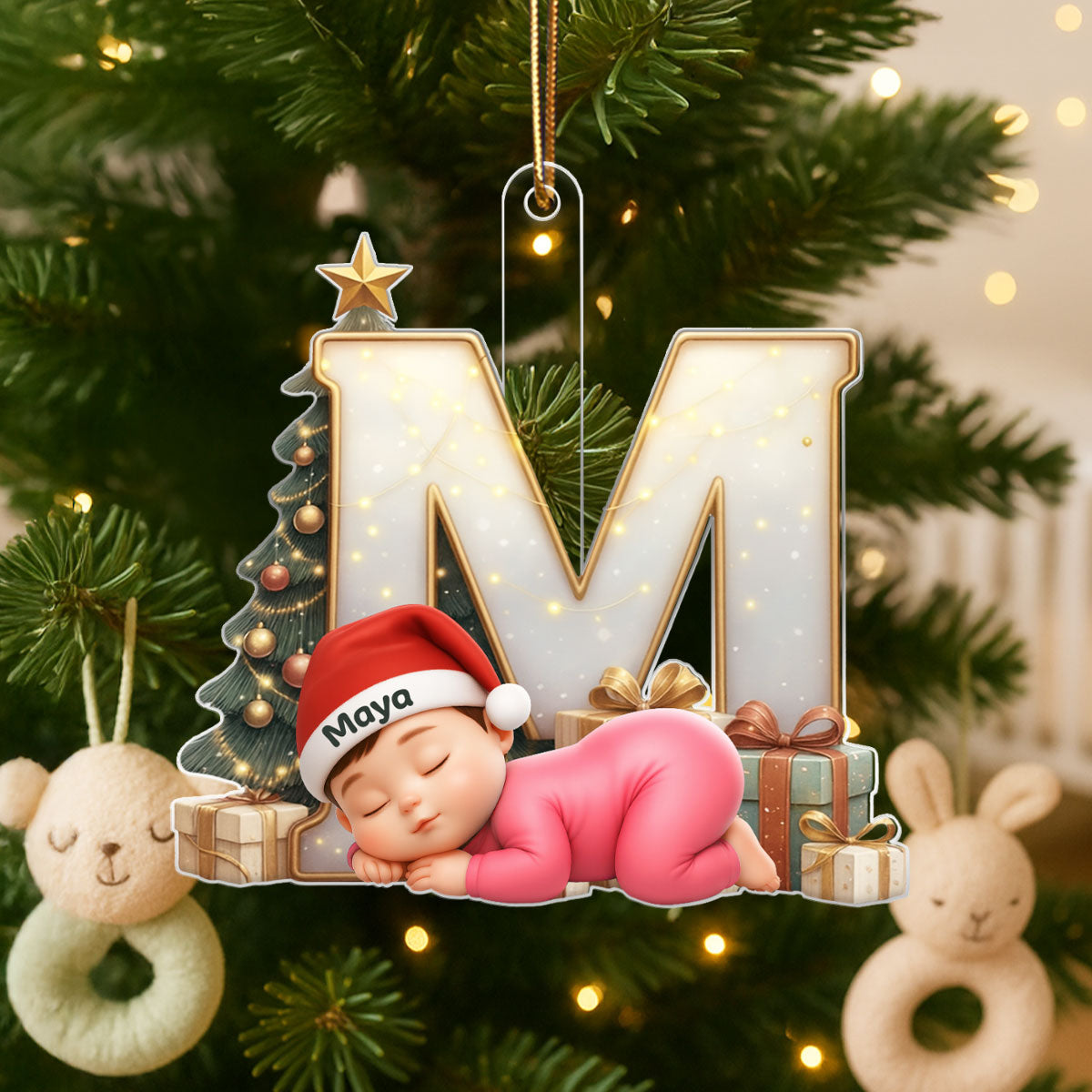 Baby Sleeping Initial Letter Monogram - Personalized Acrylic Ornament - Christmas Gift for Grandkids, Baby, Newborn