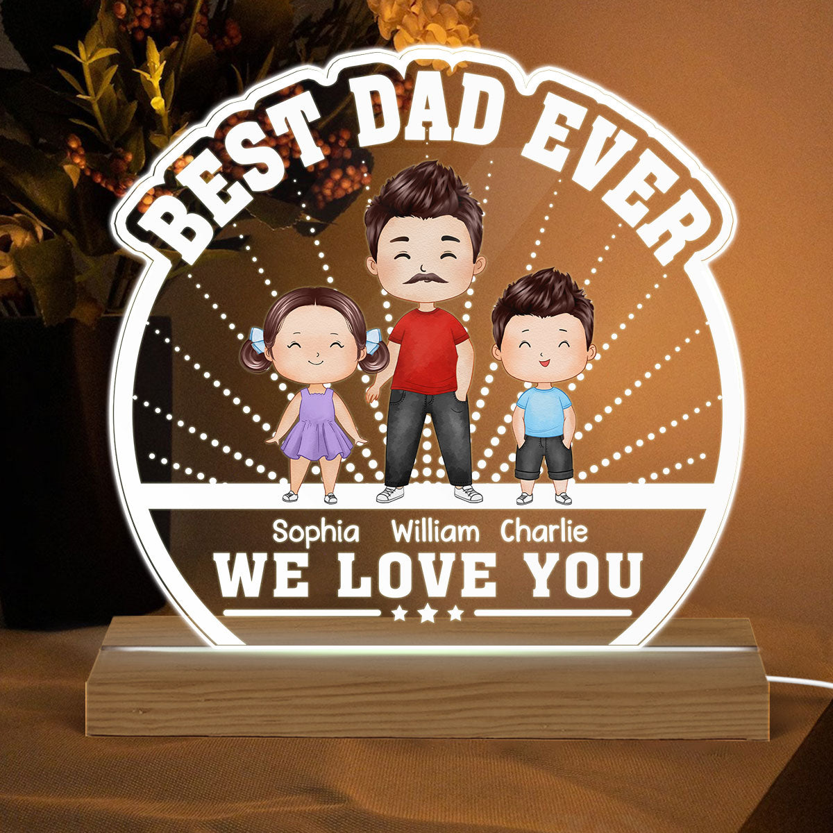 Best Dad Ever Watercolor Dad & Kids Standing Personalized Custom Shaped Acrylic Plaque With Warm LED Night Light