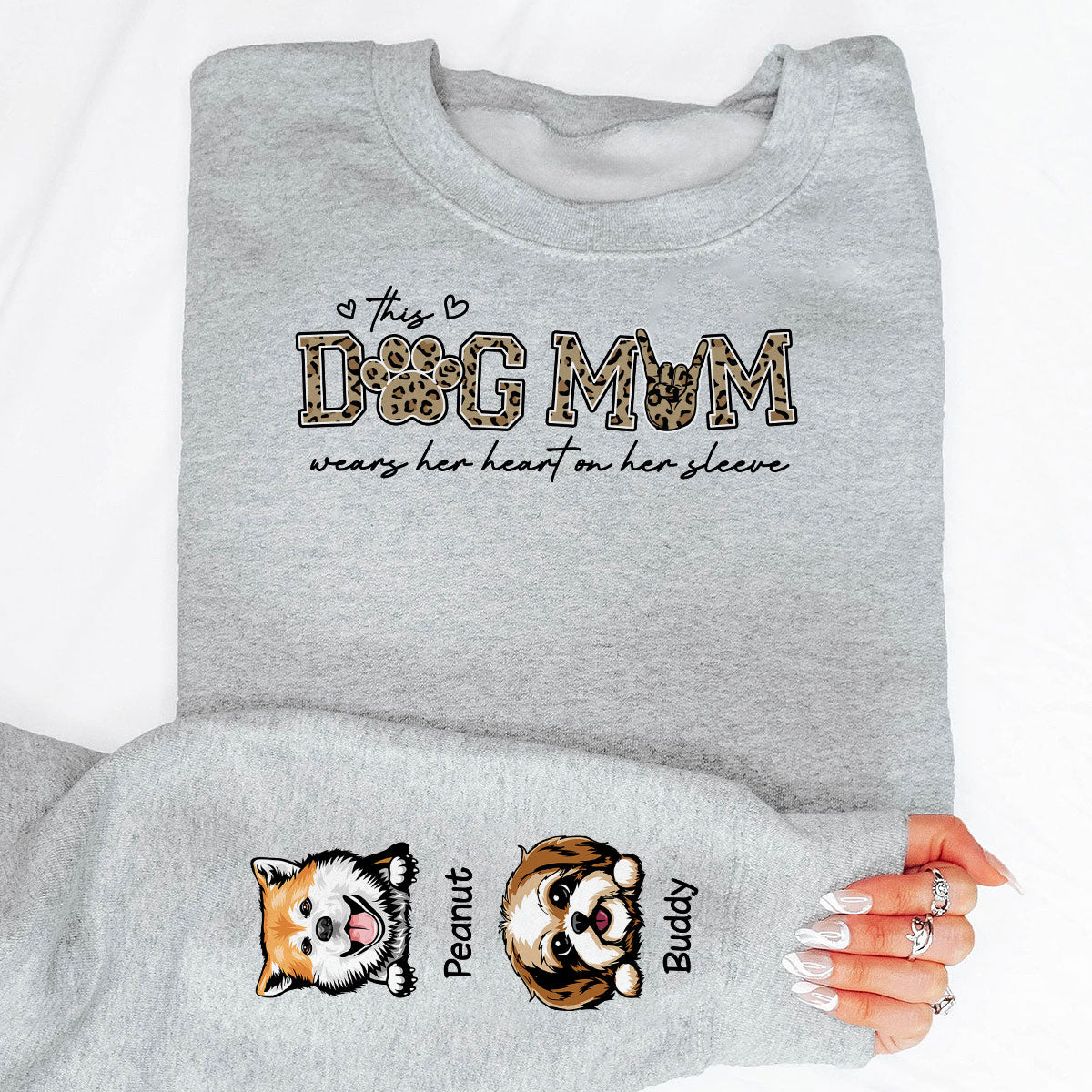 This Dog Mom Wears Her Heart On Her Sleeve, Leopard Pattern, Peeking Dog, Gift For Dog Mom, Fur Mama, Personalized Sleeve Printed Sweatshirt